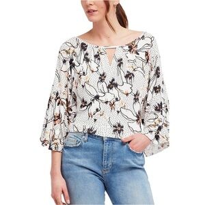Free People Last Time Ivory Floral Drape Keyhole Bell Sleeve Top